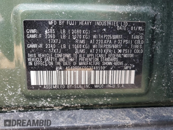 2012 Subaru Outback 2.5i Limited with VIN 4S4BRBKC2C3248590, listed as a Copart auction lot 46393145 with 157,760 mi miles and Salvage Title. Bid and sale history available at carsss.com. Image 13.