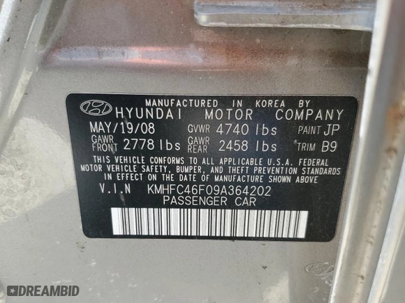 2009 Hyundai Azera Limited with VIN KMHFC46F09A364202, listed as a Copart auction lot 68546314 with 158,934 mi miles and Salvage Title. Bid and sale history available at carsss.com. Image 12.