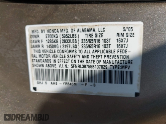 2005 Honda Odyssey EX-L with VIN 5FNRL38755B107829, listed as a IAAI auction lot 42422225 with 227,008 mi miles and . Bid and sale history available at DreamBid. Image 9.