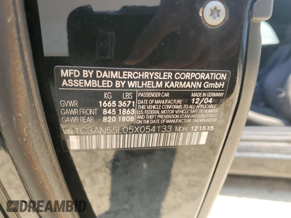 2005 Chrysler Crossfire with VIN 1C3AN55L05X054133, listed as a Copart auction lot 49809205 with Not Provided miles and Clean Title. Bid and sale history available at DreamBid. Image 12.