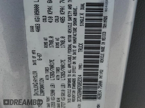 2007 Dodge Ram 2500 SLT with VIN 3D7KS28A87G852314, listed as a Copart auction lot 71840464 with 227,958 mi miles and Salvage Title. Bid and sale history available at carsss.com. Image 14.