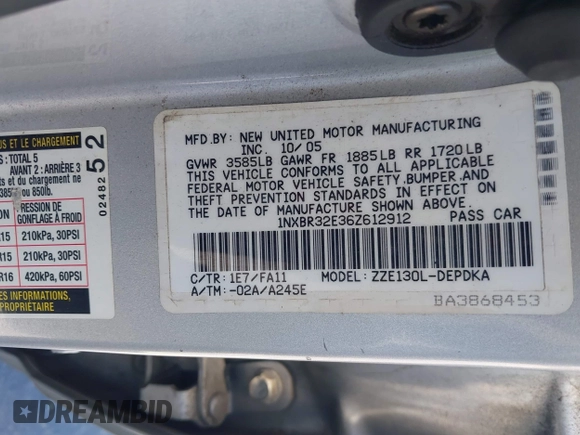 2006 Toyota Corolla CE with VIN 1NXBR32E36Z612912, listed as a IAAI auction lot 42290648 with 196,667 mi miles and . Bid and sale history available at DreamBid. Image 9.
