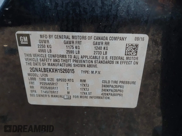 2017 Chevrolet Equinox LS with VIN 2GNALBEKXH1526015, listed as a IAAI auction lot 41935298 with 118,283 mi miles and . Bid and sale history available at carsss.com. Image 9.
