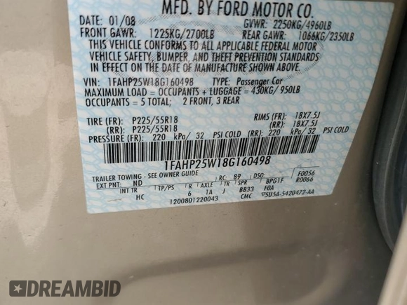2008 Ford Taurus Limited with VIN 1FAHP25W18G160498, listed as a Copart auction lot 67908594 with 119,305 mi miles and Salvage Title. Bid and sale history available at carsss.com. Image 12.