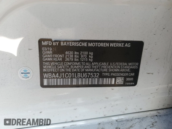 2020 BMW 4 Series 430i with VIN WBA4J1C01LBU67532, listed as a Copart auction lot 83257984 with 68,664 mi miles and Salvage Title. Bid and sale history available at DreamBid. Image 14.
