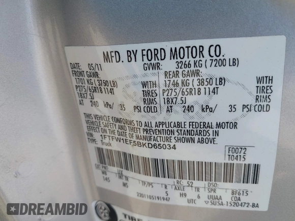 2011 Ford F-150 XL с VIN 1FTFW1EF5BKD65034, выставлен на аукционе IAAI как лот 42331012 с пробегом Не указан миль и . История ставок и продаж доступна на DreamBid. Изображение 9.