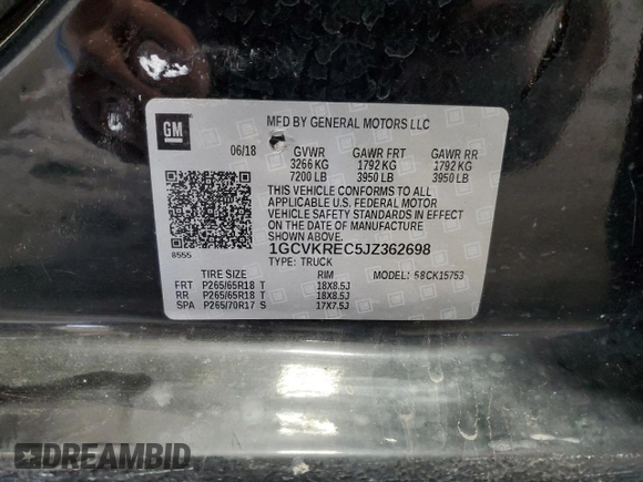 2018 Chevrolet Silverado 1500 LT with VIN 1GCVKREC5JZ362698, listed as a Copart auction lot 53966235 with Not Provided miles and Non Repairable. Bid and sale history available at DreamBid. Image 13.