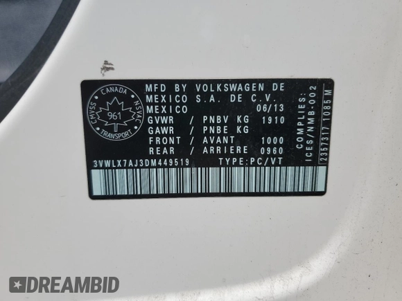 2013 Volkswagen Jetta SEL with VIN 3VWLX7AJ3DM449519, listed as a Copart auction lot 56402775 with 120,127 mi miles and Salvage title. Bid and sale history available at DreamBid. Image 13.