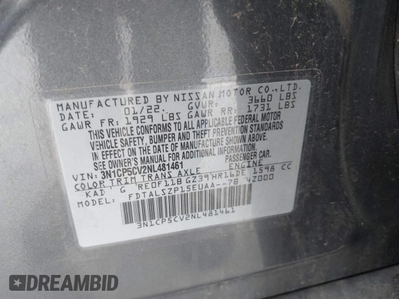 2022 Nissan Kicks SV with VIN 3N1CP5CV2NL481461, listed as a IAAI auction lot 41899293 with 34,636 mi miles and . Bid and sale history available at DreamBid. Image 9.