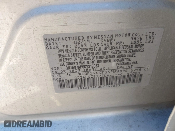 2019 Nissan Sentra SV with VIN 3N1AB7AP0KY317033, listed as a IAAI auction lot 41656832 with 84,648 mi miles and . Bid and sale history available at DreamBid. Image 9.