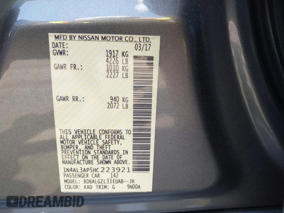 2017 Nissan Altima SV with VIN 1N4AL3AP5HC223921, listed as a IAAI auction lot 42069955 with 166,564 mi miles and . Bid and sale history available at DreamBid. Image 9.