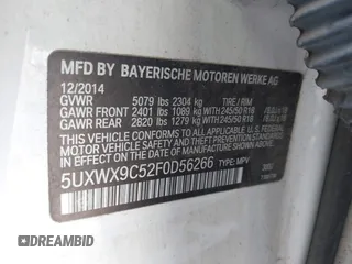 2015 BMW X3 xDrive28i with VIN 5UXWX9C52F0D56266, listed as a IAAI auction lot 42064154 with 52,233 mi miles. Bid and sale history available at carsss.com. Image 9.