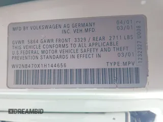 2001 Volkswagen EuroVan MV with VIN WV2NB470X1H144656, listed as a IAAI auction lot 42014536 with 230,707 mi miles and . Bid and sale history available at DreamBid. Image 9.
