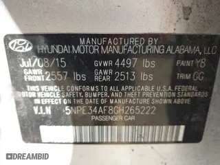 2016 Hyundai Sonata 2.4L Sport with VIN 5NPE34AF8GH265222, listed as a IAAI auction lot 41698098 with 114,805 mi miles. Bid and sale history available at carsss.com. Image 9.