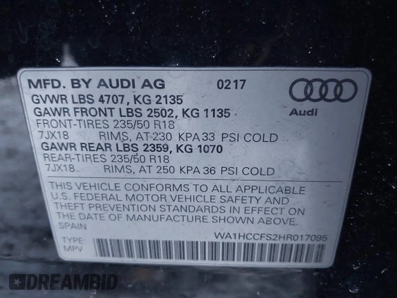 2017 Audi Q3 Premium Plus with VIN WA1HCCFS2HR017095, listed as a IAAI auction lot 41414567 with 102,475 mi miles and . Bid and sale history available at DreamBid. Image 9.