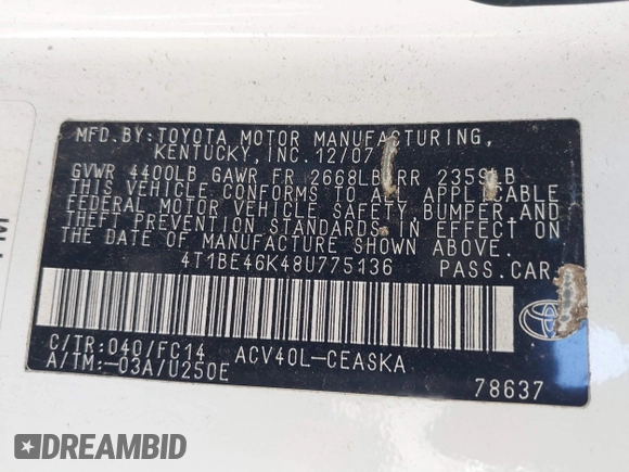 2008 Toyota Camry LE z VIN 4T1BE46K48U775136, wystawiony jako IAAI lot #41990667 z przebiegiem 214 129 mil mil oraz . Historia ofert i sprzedaży dostępna na DreamBid. Obrazek 9.