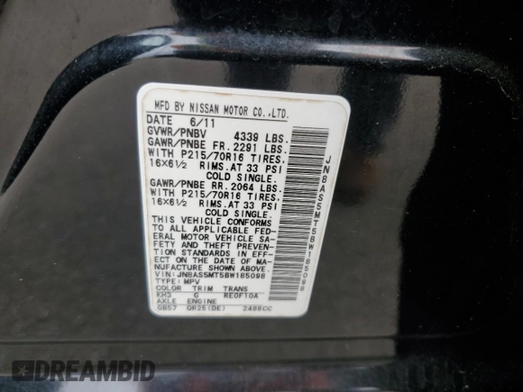2011 Nissan Rogue SV with VIN JN8AS5MT5BW185098, listed as a Copart auction lot 55133755 with 124,680 mi miles and Salvage Title. Bid and sale history available at DreamBid. Image 13.