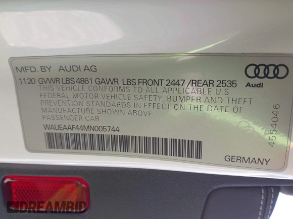 2021 Audi A4 S line Premium Plus with VIN WAUEAAF44MN005744, listed as a IAAI auction lot 41959164 with 29,127 mi miles and . Bid and sale history available at DreamBid. Image 9.