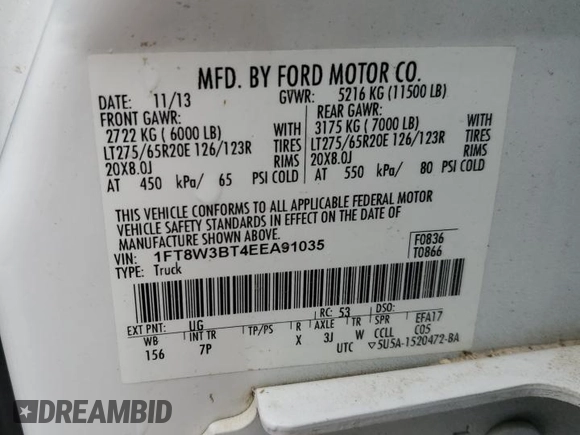 2014 Ford F-350 XLT with VIN 1FT8W3BT4EEA91035, listed as a Copart auction lot 55410825 with 325,977 mi miles and Salvage title. Bid and sale history available at DreamBid. Image 12.