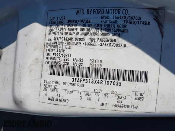 2004 Ford Focus ZX3 with VIN 3FAFP313X4R107035, listed as a IAAI auction lot 41204355 with 185,081 mi miles and . Bid and sale history available at carsss.com. Image 9.