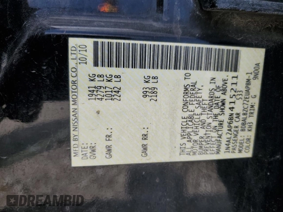 2011 Nissan Altima S with VIN 1N4AL2AP6BN415211, listed as a Copart auction lot 50008155 with 138,492 mi miles and Salvage title. Bid and sale history available at DreamBid. Image 12.