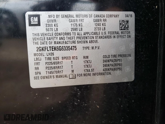 2016 GMC Terrain SLE with VIN 2GKFLTEK6G6335475, listed as a Copart auction lot 47988375 with 98,766 mi miles and Salvage Title. Bid and sale history available at DreamBid. Image 15.