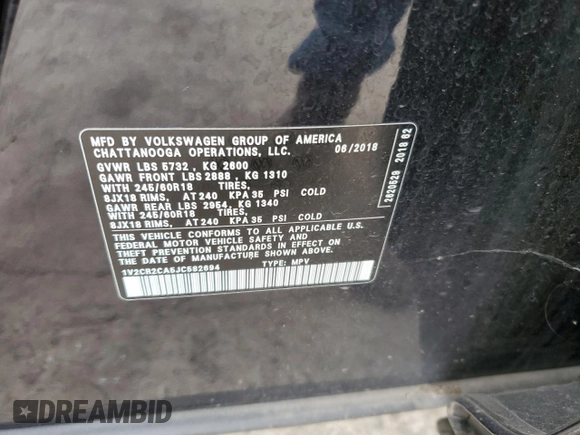 2018 Volkswagen Atlas SE with VIN 1V2CR2CA5JC582694, listed as a Copart auction lot 71221254 with 111,842 mi miles and Clean title. Bid and sale history available at DreamBid. Image 12.