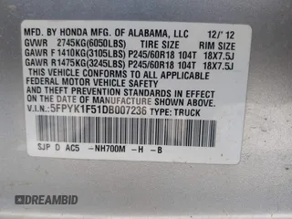 2013 Honda Ridgeline RTL with VIN 5FPYK1F51DB007236, listed as a IAAI auction lot 42762126 with 201,758 mi miles and . Bid and sale history available at DreamBid. Image 9.