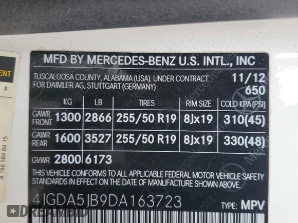 2013 Mercedes-Benz M 350 with VIN 4JGDA5JB9DA163723, listed as a Copart auction lot 53075875 with 120,553 mi miles and Salvage Title. Bid and sale history available at DreamBid. Image 15.