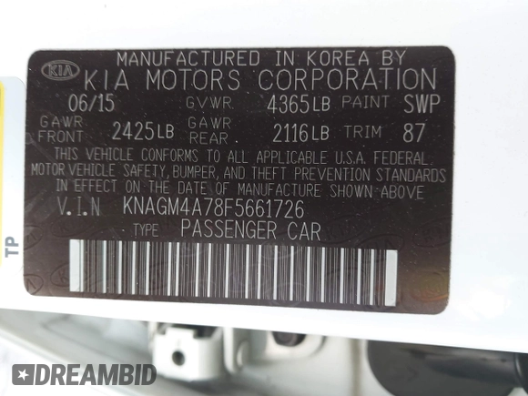 2015 Kia Optima LX with VIN KNAGM4A78F5661726, listed as a IAAI auction lot 42161244 with 105,521 mi miles. Bid and sale history available at carsss.com. Image 9.