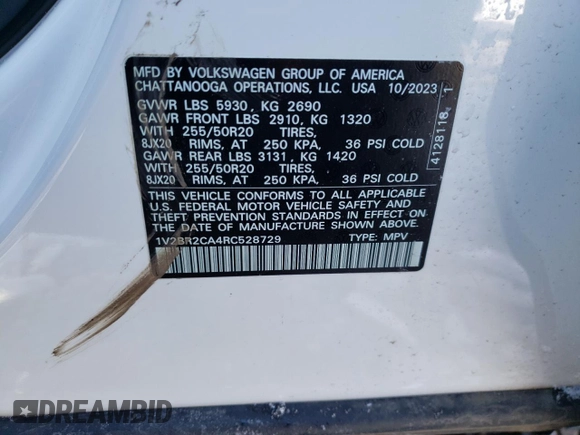 2024 Volkswagen Atlas SEL with VIN 1V2BR2CA4RC528729, listed as a Copart auction lot 45317205 with 23,764 mi miles and Salvage title. Bid and sale history available at DreamBid. Image 15.