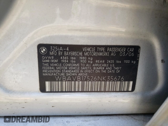 2006 BMW 3 Series 325i with VIN WBAVB17526NK35676, listed as a Copart auction lot 54720034 with 140,273 mi miles and Salvage Title. Bid and sale history available at carsss.com. Image 15.
