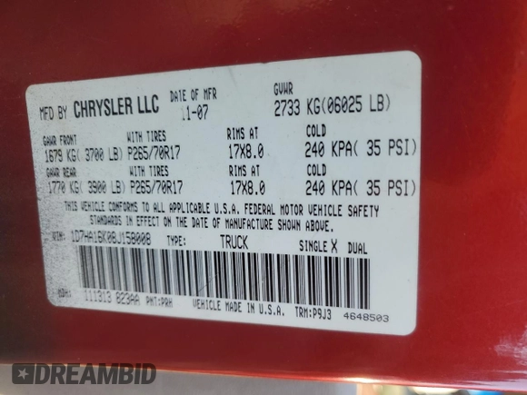 2008 Dodge 1500 ST with VIN 1D7HA16K08J158008, listed as a Copart auction lot 88238895 with 123,894 mi miles and Salvage Title. Bid and sale history available at DreamBid. Image 13.