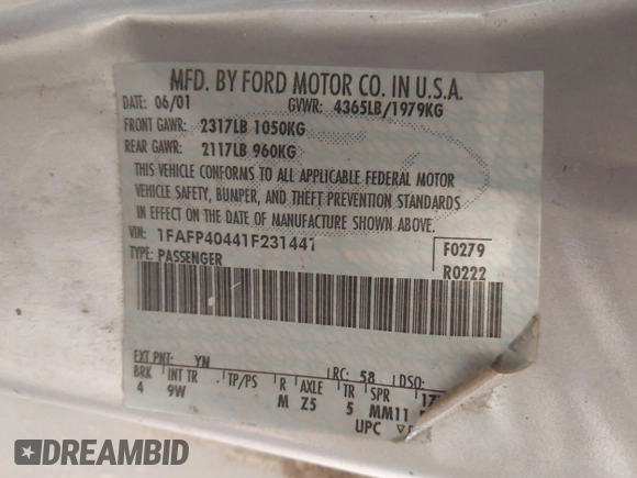 2001 Ford Mustang Standard with VIN 1FAFP40441F231441, listed as a IAAI auction lot 41973346 with 152,084 mi miles and . Bid and sale history available at DreamBid. Image 9.