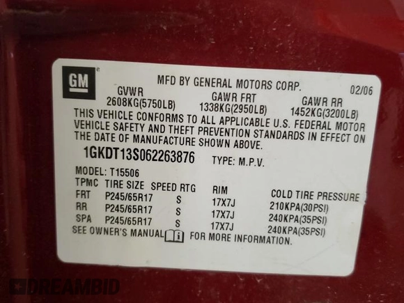 2006 GMC Envoy SLE with VIN 1GKDT13S062263876, listed as a Copart auction lot 60245185 with 156,567 mi miles and Clean title. Bid and sale history available at DreamBid. Image 13.