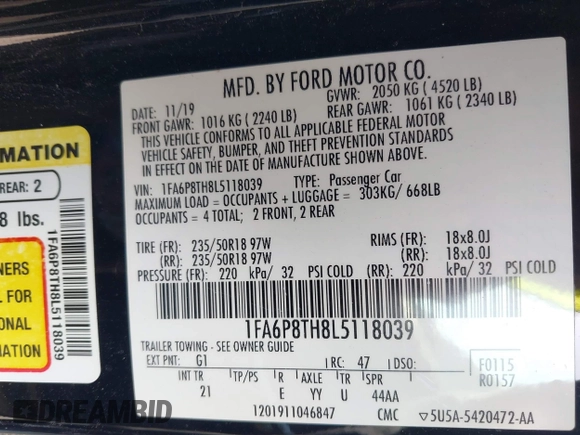 2020 Ford Mustang EcoBoost с VIN 1FA6P8TH8L5118039, выставлен на аукционе IAAI как лот 42308212 с пробегом 48 057 миль миль и . История ставок и продаж доступна на DreamBid. Изображение 9.