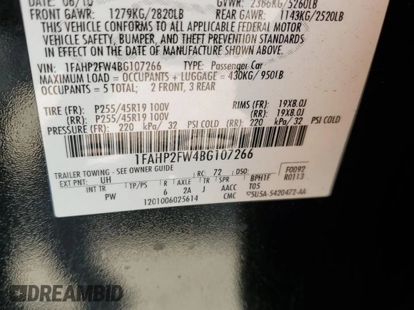 2011 Ford Taurus Limited with VIN 1FAHP2FW4BG107266, listed as a Copart auction lot 56921495 with Not provided miles and Salvage title. Bid and sale history available at DreamBid. Image 12.