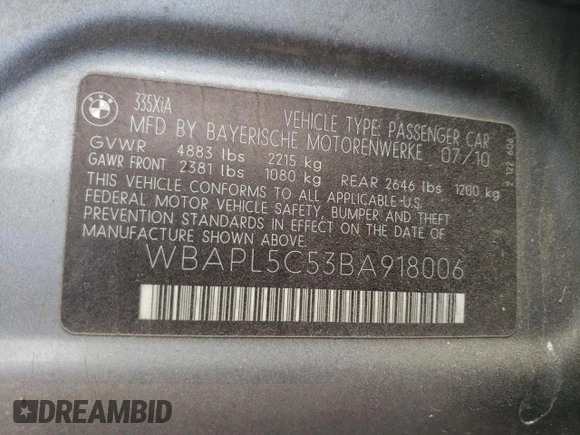 2011 BMW 3 Series 335i xDrive with VIN WBAPL5C53BA918006, listed as a Copart auction lot 56460925 with Not provided miles and Salvage title. Bid and sale history available at DreamBid. Image 13.