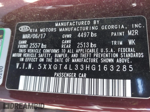 2017 Kia Optima LX with VIN 5XXGT4L33HG163285, listed as a IAAI auction lot 41802193 with 122,159 mi miles. Bid and sale history available at carsss.com. Image 9.