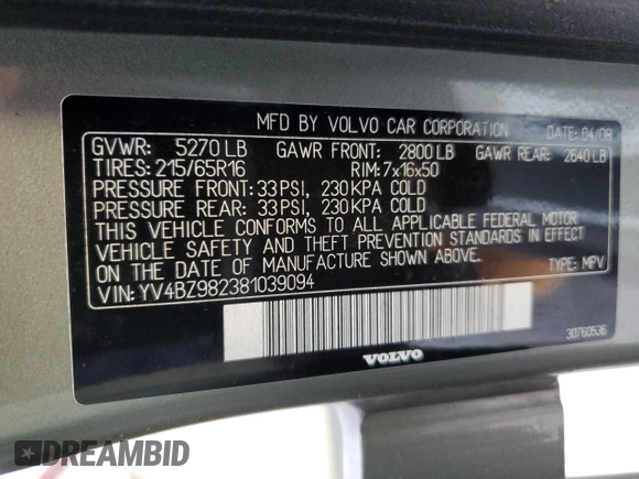 2008 Volvo XC70 with VIN YV4BZ982381039094, listed as a Copart auction lot 53694375 with 138,755 mi miles and Salvage Title. Bid and sale history available at carsss.com. Image 12.