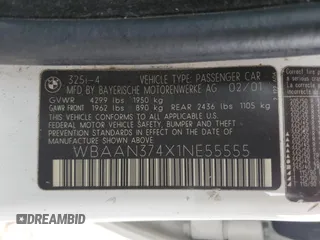 2001 BMW 3 Series 325i with VIN WBAAN374X1NE55555, listed as a Copart auction lot 87872375 with 176,104 mi miles and Salvage Title. Bid and sale history available at carsss.com. Image 12.
