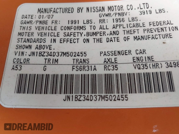 2007 Nissan 350Z Enthusiast z VIN JN1BZ34D37M502455, wystawiony jako IAAI lot #42307364 z przebiegiem Nie podano mil oraz . Historia ofert i sprzedaży dostępna na DreamBid. Obrazek 9.