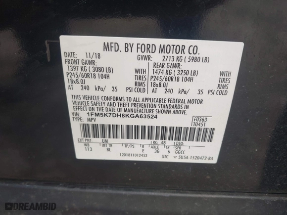 2019 Ford Explorer XLT with VIN 1FM5K7DH8KGA63524, listed as a IAAI auction lot 41600580 with 118,243 mi miles. Bid and sale history available at carsss.com. Image 9.