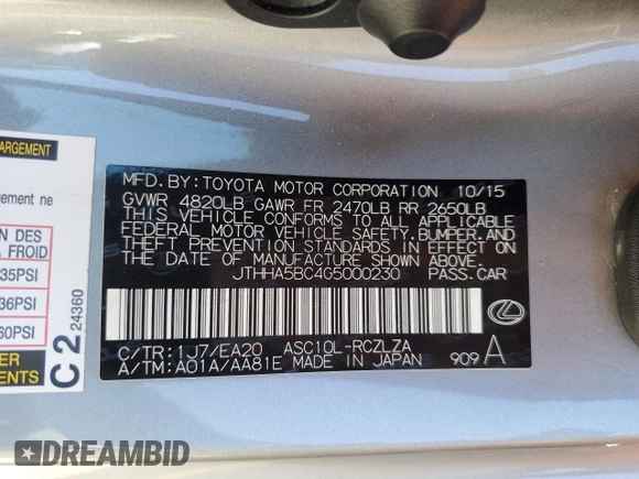 2016 Lexus RC 200t F Sport with VIN JTHHA5BC4G5000230, listed as a Copart auction lot 43856325 with 100,066 mi miles and Salvage title. Bid and sale history available at DreamBid. Image 12.