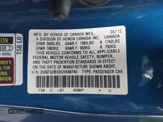 2012 Honda Civic Cpe LX with VIN 2HGFG3B53CH548740, listed as a IAAI auction lot 42039835 with 175,246 mi miles. Bid and sale history available at carsss.com. Image 9.