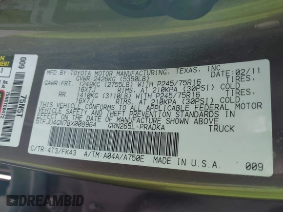 2011 Toyota Tacoma PreRunner with VIN 5TFJU4GN7BX008964, listed as a IAAI auction lot 40768583 with 231,850 mi miles and . Bid and sale history available at DreamBid. Image 9.