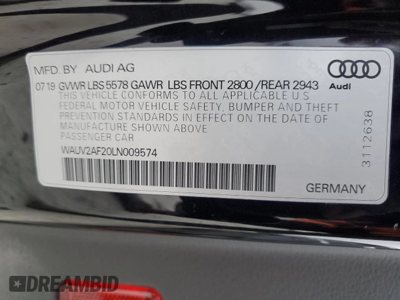 2020 Audi A7 Prestige with VIN WAUV2AF20LN009574, listed as a Copart auction lot 41796335 with 55,084 mi miles and Salvage Title. Bid and sale history available at carsss.com. Image 12.