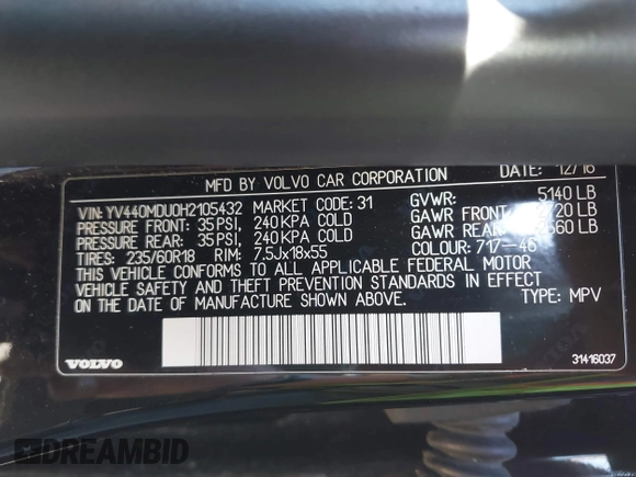 2017 Volvo XC60 Inscription with VIN YV440MDU0H2105432, listed as a IAAI auction lot 41634154 with 106,815 mi miles. Bid and sale history available at carsss.com. Image 9.