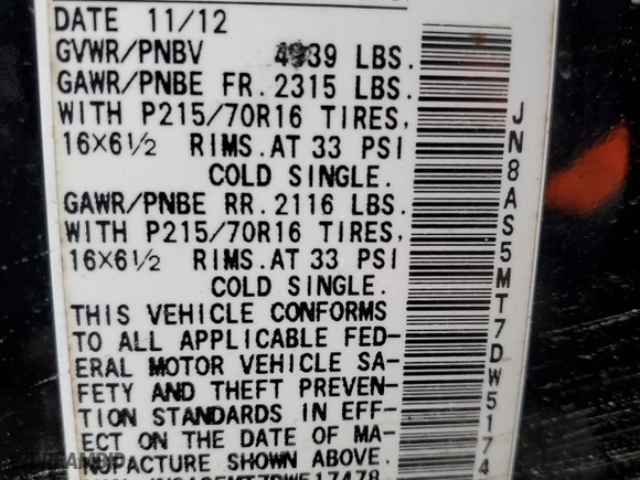 2013 Nissan Rogue S with VIN JN8AS5MT7DW517478, listed as a Copart auction lot 46356505 with 149,931 mi miles and Salvage Title. Bid and sale history available at carsss.com. Image 12.