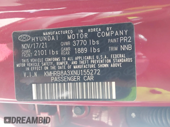 2022 Hyundai Venue SE with VIN KMHRB8A3XNU155272, listed as a IAAI auction lot 40996954 with Not Provided miles and . Bid and sale history available at DreamBid. Image 9.